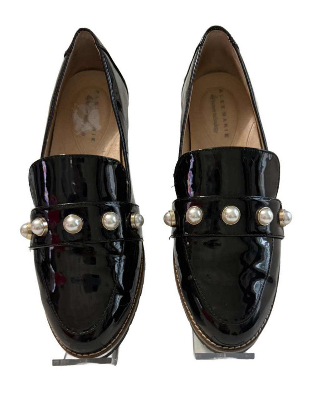 Alex Marie Black Patent Loafers with Pearl Accent. 8M